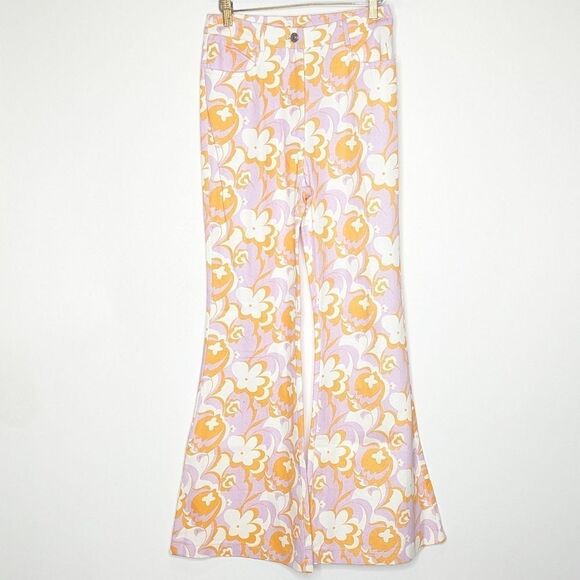 Princess Polly Jasmina Denim Jeans Pink Orange Floral 70s Vibe Flare Wide Legs - Picture 3 of 8